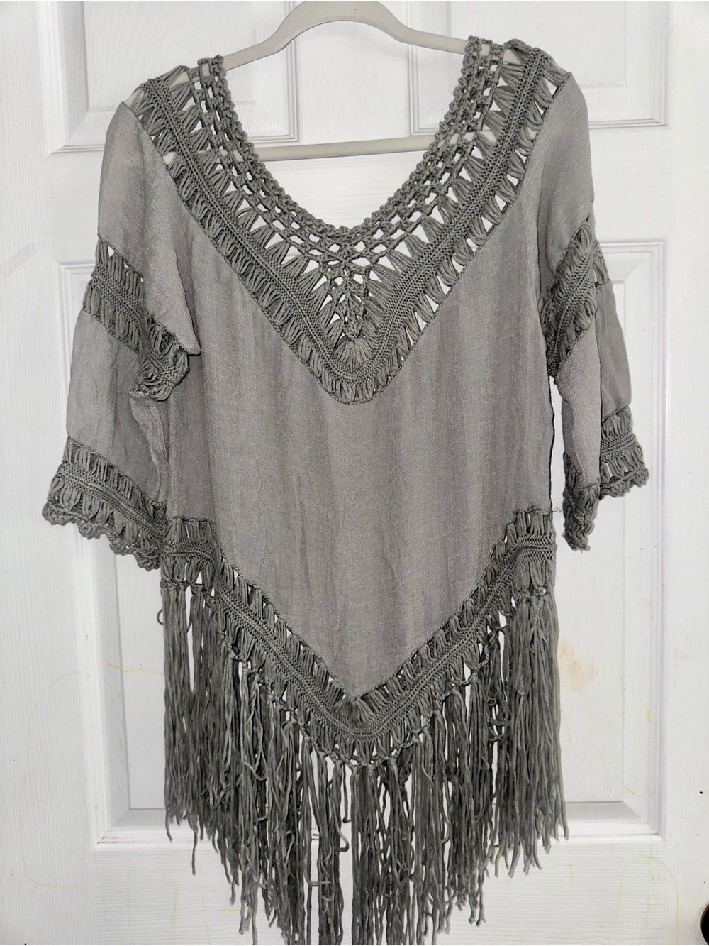 Gray Crochet Fringe V‑Neck Women's Top